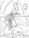 antennae_(anatomy) anthro clothing dress female looking_at_viewer looking_back rear_view solo standing marcushunter hollow_knight team_cherry iselda_(hollow_knight) arthropod 2019 3:4 hi_res monochrome signature