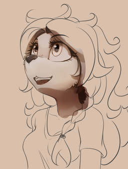 anthro black_nose clothed clothing eyebrows eyelashes female hair happy long_hair open_mouth simple_background solo teeth alcorart conditional_dnp phoebe_(alcorart) bird_dog canid canine canis domestic_dog hunting_dog mammal spaniel 2026 unfinished