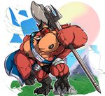 4_toes 5_fingers anthro axe beak big_bulge big_muscles big_pecs black_nipples bulge cape clothing feet fingers front_view holding_object horn huge_muscles huge_pecs hyper hyper_muscles hyper_pecs male melee_weapon muscular muscular_anthro muscular_male nipples open_mouth pecs plantigrade smile solo toes underwear weapon fierglief tyrse's_birdsona avian bird cardinal_(bird) oscine passerine 2020 absurd_res hi_res