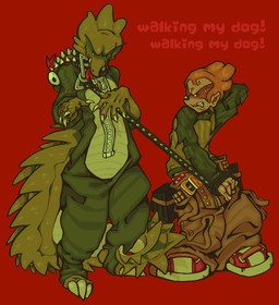 anthro big_shoes bottomwear brown_bottomwear brown_clothing brown_pants clothed clothed_male clothing dinosaur_costume duo footwear fully_clothed fully_clothed_male green_body green_scales hair leash leash_pull male orange_hair oversized_bottomwear oversized_clothing oversized_pants pants red_background red_clothing red_footwear red_shoes scales shoes simple_background spiked_tail spikes spikes_(anatomy) tail guntzland pico_(series) pico_(newgrounds) dinosaur human mammal prehistoric_species reptile scalie 2023 absurd_res full-length_portrait hi_res portrait