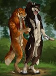 4_toes 5_fingers animal_genitalia anthro arm_markings arm_tuft athletic athletic_anthro athletic_male balls biped black_claws black_lips black_nose black_pawpads black_sclera blue_eyes blurred_background braided_mane brown_body brown_fur brush brushing brushing_fur canine_genitalia chest_tuft claws countershading day depth_of_field detailed_fur digitigrade dipstick_fingers dipstick_tail dipstick_toes dirt duo ears_back elbow_tuft fangs feet finger_claws fingers fluffy fluffy_fur fluffy_tail forest fur genitals gloves_(marking) grass hand_behind_head happy holding_brush holding_object inner_ear_fluff leg_markings lips long_mane looking_at_another looking_at_partner looking_back male mane markings multicolored_body multicolored_fur nature neck_tuft nude open_mouth orange_body orange_fur outside pawpads paws personal_grooming pivoted_ears plant red_body red_fur sharp_teeth sheath shoulder_markings shrub smile snout social_grooming socks_(marking) standing tail tail_markings tan_body tan_fur teeth toe_claws toes tongue tongue_out tree tuft white_body white_fur skullsbesan mythology athoswolf1337 werewolf_(arkoninu) canid canine canis mammal mythological_canine mythological_creature werecanid werecanine werecreature werewolf wolf 2025 detailed hi_res shaded