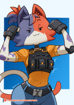 anthro beady_eyes black_eyes blue_background breasts cheek_tuft clothed clothing eyelashes facial_tuft female flexing flexing_bicep flexing_both_biceps front_view fur looking_at_viewer purple_body purple_fur red_body red_fur simple_background solo thick_thighs tuft white_body white_fur wide_hips brachyzoid epic_games fortnite cate_meowdy domestic_cat felid feline felis mammal