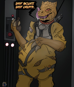 abdominal_bulge after_vore anthro belly big_belly bodily_fluids dialogue drooling hand_on_belly licking licking_lips long_tongue male male_pred saliva same_size_vore sharp_teeth teeth text tongue tongue_out vore bluutheferret star_wars bossk alien reptile scalie trandoshan absurd_res english_text hi_res