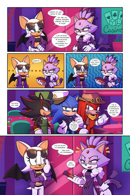 alternate_costume anthro blush bodily_fluids casino casino_table clothing coat dialogue dress eye_contact eyewear female flirting flirting_look group hair hand_fan hand_on_hip hat headgear headwear hero humor looking_at_another male male/female ponytail princess royalty smile speech_bubble staring_contest sunglasses sweat sweatdrop tail tail_motion tailwag text topwear vanessasonica sega sonic_the_hedgehog_(series) the_murder_of_sonic_the_hedgehog blaze_the_cat knuckles_the_echidna rouge_the_bat shadow_the_hedgehog sonic_the_hedgehog bat domestic_cat echidna eulipotyphlan felid feline felis hedgehog mammal monotreme 2:3 absurd_res comic english_text hi_res