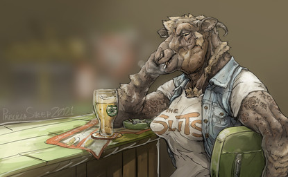 alcohol anthro ashtray bar beer beer_glass beverage big_breasts blurred_background breasts brown_body brown_fur brown_wool chair cigarette clothed clothed_anthro clothed_female clothing denim denim_clothing denim_jacket denim_topwear female fur furniture horn jacket looking_at_viewer nipple_outline open_clothing open_jacket open_topwear shirt sitting smoke smoking smoking_cigarette solo text topwear white_clothing white_shirt white_topwear wool_(fur) priscillasheep bovid caprine mammal sheep shetland_sheep 2021 absurd_res artist_name colored half-length_portrait hi_res portrait shaded