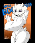 anthro big_breasts breasts clothing costume female fur ghost_costume halloween_costume holidays horn huge_breasts nipple_outline simple_background solo tail text white_body white_fur reymonrr deltarune halloween undertale undertale_(series) toriel boss_monster_(undertale) bovid caprine goat mammal absurd_res hi_res