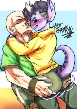3_horns anthro arched_back bald blush bone_frill breasts butt butt_grab clenched_teeth clothed clothing duo female frill_(anatomy) hair hand_on_another's_butt hand_on_butt hoodie horn human_on_anthro interspecies male male/female multi_horn on_bottom on_lap on_top purple_body purple_hair shirt simple_background sitting_on_another sitting_on_lap smile straddling tail teeth topwear whit3pinkmann cavemanon_studios goodbye_volcano_high ko_op_(game_developer) snoot_game anon_(snoot_game) trish_(gvh) ceratopsian ceratopsid chasmosaurine dinosaur human mammal marginocephalian ornithischian prehistoric_species reptile scalie triceratops colored hi_res