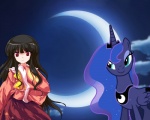 abstract_background black_hair blue_body blue_eyes blue_hair clothing cloud duo feathered_wings feathers female hair horn long_hair moon red_eyes royalty simple_background smile wings unknown_artist friendship_is_magic hasbro my_little_pony mythology touhou kaguya_houraisan princess_luna_(mlp) equid equine human mammal mythological_creature mythological_equine winged_unicorn 5:4 crossover