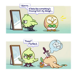 ambiguous_gender blood bodily_fluids cartoon_violence crazy_eyes death dialogue duo feral happy humor knife mirror scared shocked text two_panel_image worried sb_torchic nintendo pokemon browt generation_10_pokemon generation_7_pokemon ghost pokemon_(species) rowlet spirit 1:1 comic english_text