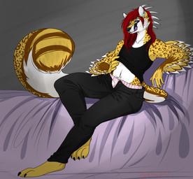 anthro facial_hair feet goatee hair horn licking licking_lips licking_own_lips long_hair looking_at_viewer male self_lick smile solo tongue tongue_out unzipped zipper redpixie avian bird cheetah felid feline hybrid mammal