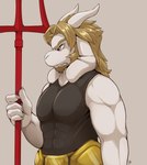 aged_down anthro beard blonde_hair clothed clothing facial_hair fur hair holding_melee_weapon holding_object holding_polearm holding_trident holding_weapon horn long_ears male melee_weapon polearm simple_background solo trident weapon white_body white_fur louart undertale undertale_(series) asgore_dreemurr boss_monster_(undertale) bovid caprine mammal 2023 absurd_res digital_media_(artwork) hi_res signature