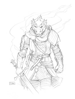 anthro armor belt clothed clothing gauntlets gloves handwear holding_object holding_weapon horn looking_at_viewer male melee_weapon pauldron smoke solo sword weapon skitalets mythology koviell dragon mythological_creature mythological_scalie scalie 3:4 monochrome sketch