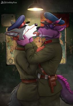 anthro aroused belt bodily_fluids bulge bunker clothing communism detailed_bulge duo erection eyes_closed fur genital_fluids genital_outline green_clothing grey_body grey_fur hair hat headgear headwear holster holstered_gun holstered_pistol holstered_weapon horn hug kissing kissing_with_tongue leaking_precum licking licking_tongue male male/male map nkvd penis_outline politics precum precum_through_clothing private_session purple_body purple_fur purple_hair red_body red_fur romantic romantic_couple russian shoulder_strap socialism soviet_flag soviet_guards_badge soviet_union steamy_breath tongue wet wet_clothing white_body white_fur jebbthefoxy mythology clemthehusky canid canine canis domestic_dog dragon eastern_dragon husky mammal mythological_creature mythological_scalie nordic_sled_dog scalie spitz absurd_res hi_res
