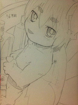 anthro big_eyes bodily_fluids clothed clothing eyebrows genital_fluids hair kemono looking_at_viewer male peeing solo topless urinal urine young kurokiriririri 3:4 monochrome sketch