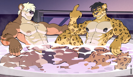 5_fingers abs anthro biceps biped black_hair black_nipples black_spots brown_body brown_fur bulge clothed clothing duo fingers fur green_eyes hair hair_over_eyes hot_tub jaguar_spots male male/male mostly_nude muscular muscular_anthro muscular_male navel nipple_piercing nipple_ring nipples pecs piercing ring_piercing speedo speedo_only spots swimwear tail topless yellow_body yellow_fur big_wada jimmy_(toomanyjs) kai_tak_(goldeneyeuro) felid jaguar mammal mustelid otter pantherine digital_media_(artwork) hi_res