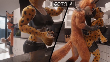 abs ambiguous_penetration anthro arched_back arm_pull athletic athletic_anthro athletic_female athletic_wear biceps black_hair bottomwear bottomwear_down bra brown_body brown_fur cheek_tuft clothed clothed_sex clothing dialogue duo eyewear facial_tuft female female_penetrated from_behind_position fur glasses grin gym_bottomwear gym_shorts hair inside kitchen long_hair male male/female male_penetrating male_penetrating_female markings multiple_angles muscular muscular_anthro muscular_female neck_tuft nipple_outline nude open_mouth pants pants_down partially_clothed penetration ponytail sex shorts smile speech_bubble sports_bra spots spotted_body spotted_fur standing standing_sex surprise_sex surprised surprised_face teeth teeth_showing text tuft underwear yellow_body yellow_fur johnwulffe chenira_(johnwulffe) guarez_(johnwulffe) canid canine canis cheetah felid feline felis mammal maned_wolf 16:9 3d_(artwork) comic digital_media_(artwork) english_text hi_res widescreen