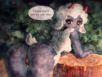 anthro bent_over big_butt black_body black_fur black_nipples butt cave_in close-up collar collar_only cult depth_of_field detailed_background dialogue excited female flashlight flirting flirting_with_viewer forest forest_sex fur genital_focus genitals horn imminent_sex light nature nature_background night nipples nude outside_sex plant pose presenting presenting_hindquarters public public_sex rear_view red_horn sex shrub sky smile smiling_at_viewer solo speech_bubble standing standing_sex street stump tail text tree vaginal vulva vulva_focus white_body white_fur white_wool wool_(fur) wool_hair rispi cult_of_the_lamb massive_monster_(studio) lamb_(cult_of_the_lamb) bovid canid canine caprine mammal sheep 4:3 english_text hi_res pinup