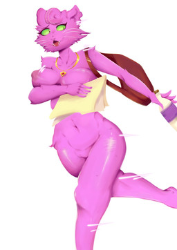 anthro areola big_breasts black_eyes breasts cheek_tuft facial_tuft fangs female front_view fur genitals green_sclera handbag jewelry navel necklace nipples nude open_mouth pink_areola pink_body pink_fur pink_nipples pink_nose pupils simple_background slit_pupils solo teeth thick_thighs tuft vulva whiskers white_background wide_hips bagxh bojack_horseman netflix princess_carolyn domestic_cat felid feline felis mammal hi_res