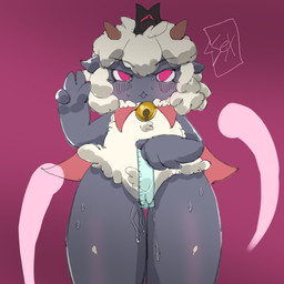 anthro blush bodily_fluids dark_body dark_skin dialogue female genital_fluids genitals precum sex smile solo text vulva young young_anthro young_female dumato cult_of_the_lamb massive_monster_(studio) lamb_(cult_of_the_lamb) red_crown_(cult_of_the_lamb) bovid caprine ghost mammal sheep spirit 1:1 english_text hi_res
