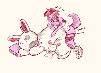 anthro areola barbell_piercing biped blush bone_collar_tag breath clothing collar collar_tag ear_piercing ear_ring eyeless female footwear hair large_plushie motion_lines nipple_barbell nipple_piercing nipples panting piercing pillow pink_body pink_hair plushie plushophilia ring_piercing shoes simple_background smiley_face sneakers solo squish star_symbol stitch_(sewing) tail thrust_lines thrusting white_background bonnie_guerra canid canine canis domestic_dog lagomorph leporid mammal rabbit hi_res
