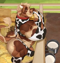 2_horns animal_print animal_print_bikini animal_print_thigh_highs anthro big_butt big_muscles big_pecs bikini brown_body brown_eyebrows brown_fur bucket bulge butt clothing container cow_print cow_print_armwear cow_print_bikini cow_print_thigh_highs cowbell crossed_arms eyebrows fur genitals horn legwear male milk muscular muscular_anthro muscular_arms muscular_male muscular_thigh nipples pattern_bikini pattern_clothing pattern_legwear pattern_swimwear pattern_thigh_highs pecs penis penis_base side_view small_horn solo swimwear tail thigh_highs two-piece_swimsuit vein veiny_penis yellow_eyes onensfw mocha_(edosoaris) bovid bovine cattle mammal 2025 digital_drawing_(artwork) digital_media_(artwork) english_description hi_res