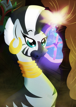 blue_eyes fairy_dust female feral gold_(metal) hut insect_wings inside neck_ring piercing solo sparkles stripes window wings rariedash friendship_is_magic hasbro my_little_pony zecora_(mlp) equid equine fairy mammal pixie zebra 2014 hi_res