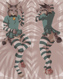 animal_genitalia animal_penis anthro arm_warmers armwear balls bottomwear butt cheek_tuft clothed clothing collar crossdressing dakimakura facial_tuft femboy genitals legwear looking_at_viewer lying male markings no_underwear pattern_clothing pattern_legwear pawpads paws penis sheath shirt skirt solo spots spotted_body striped_clothing striped_legwear stripes t-shirt tail thigh_highs topwear tuft yellow_eyes lawkie disney zootopia pawbert_lynxley canada_lynx felid feline lynx mammal 2026 absurd_res hi_res