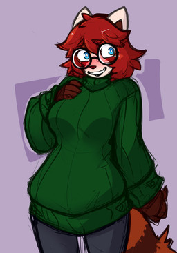 anthro biped blush bottomwear breasts clothed clothed_anthro clothed_female clothing eyewear female fingers front_view fully_clothed fully_clothed_anthro fully_clothed_female fur glasses hair simple_background smile solo standing tail teeth topwear mewgle liz_(mewgle) ailurid mammal red_panda 2026 digital_drawing_(artwork) digital_media_(artwork) hi_res