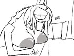 anthro areola big_areola big_breasts big_nipples bored breast_rest breasts detailed_background door female hair half-closed_eyes horn inside long_hair narrowed_eyes nipples nude slightly_chubby solo the_weaver monstro_village dewbon cyclops monster 4:3 black_and_white monochrome