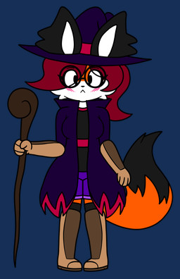 :< anthro black_body black_fur blush boots bottomwear clothing eyelashes eyewear facial_tuft female footwear fur glasses hair hat headgear headwear high_heeled_boots high_heels magic_user orange_body orange_fur red_hair round_glasses shirt shoes shorts solo staff tail topwear tuft white_body white_fur witch witch_costume witch_hat lord_shad ember_(lord_shad) canid canine fox mammal alpha_channel hi_res