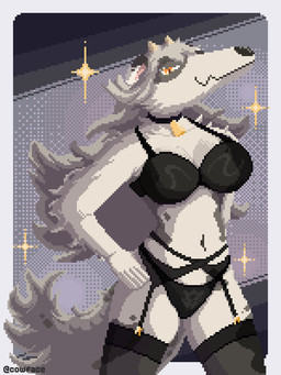 anthro bell bell_collar black_clothing black_lingerie breasts choker clothed clothing collar female fluffy fluffy_tail fur hair hand_on_hip horn jewelry legwear lingerie long_hair long_snout markings navel neck_tuft necklace particles raised_head simple_background snout solo spots spotted_body spotted_fur stockings tail text thick_thighs tuft underwear yellow_eyes cowface oxana_(cowface) borzoi bovid bovine canid canine canis cattle dairy_cattle domestic_dog holstein_friesian_cattle hunting_dog hybrid mammal sighthound 3:4 digital_media_(artwork) hi_res pixel_(artwork)