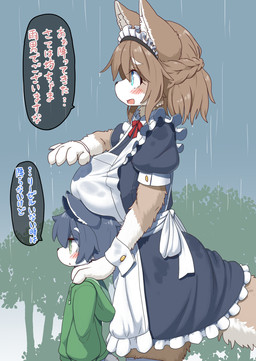 absolute_territory age_difference anthro big_breasts biped blue_eyes blush boob_hat braided_hair breasts brown_body brown_fur brown_hair clothed clothing dress duo eyebrow_through_hair eyebrows female fur gloves gloves_(marking) green_eyes grey_hair hair handwear hoodie kemono larger_anthro larger_female legwear maid_headdress maid_uniform male markings medium_length_hair older_anthro older_female open_mouth plant raining size_difference smaller_anthro smaller_male speech_bubble sweater tail text thigh_highs topwear translucent translucent_hair tree uniform wet wet_clothing white_body white_fur young young_anthro young_male younger_anthro younger_male koorinezumi canid canine canis mammal wolf hi_res japanese_text translation_check translation_request