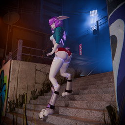 anthro cybernetic_arm cybernetic_leg cybernetic_limb cybernetics cyberpunk female fog foggy_background gun hair machine neon_lights neon_sign night outline ranged_weapon short_hair sign solo street weapon mokson android animal_humanoid humanoid lagomorph lagomorph_humanoid leporid mammal mammal_humanoid rabbit robot 3d_(artwork) absurd_res blender_(artwork) blender_eevee_(artwork) digital_media_(artwork) hi_res huge_filesize