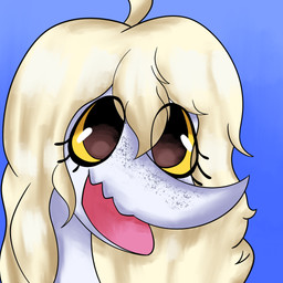 anthro black_eyes blonde_hair blue_background female freckled_face freckles front_view hair long_hair looking_at_viewer open_mouth open_smile simple_background smile solo white_body yellow_sclera h0llowgraphic cavemanon_studios snoot_game judee dinosaur prehistoric_species reptile saurischian scalie theropod troodon troodontid 1:1 colored headshot_portrait hi_res portrait shaded