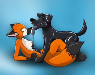 ambiguous_gender anthro black_body blue_background duo female feral latex latex_transformation licking licking_mouth lying nude_anthro on_back orange_body simple_background smile tongue tongue_out transformation fox0808 canid canine fox latex_creature mammal 2011