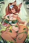 accessory anthro big_breasts breasts brown_body brown_fur clothing dappled_fur female flower flower_in_hair fluffy fluffy_tail forest forest_background fur hair hair_accessory nature nature_background plant short_tail solo tail tree haokan treesong cervine deer dryad humanoid mammal hi_res