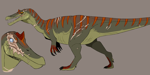 ambiguous_gender blue_eyes facial_scar feral green_body green_scales heterochromia markings mouth_closed open_mouth orange_markings pupils red_markings scales scar side_view simple_background slit_pupils solo tail yellow_eyes swampjaws baryonyx dinosaur prehistoric_species reptile saurischian scalie spinosaurid theropod hi_res