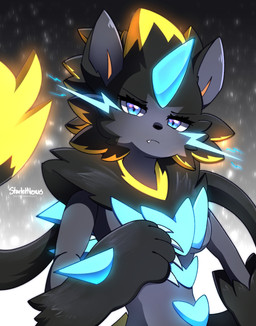 ambiguous_gender anthro black_body black_fur blue_body blue_electricity blue_eyes blue_fur claws electricity fangs frown frowning_at_viewer fur grey_body grey_ears grey_fur hair lightning_bolt_marking looking_at_viewer ponytail raining solo teeth white_claws yellow_body yellow_fur starlet_nexus nintendo pokemon pokemon_legends_z-a felid feline generation_9_pokemon legendary_pokemon mammal mega_evolution mega_zeraora pokemon_(species) hi_res