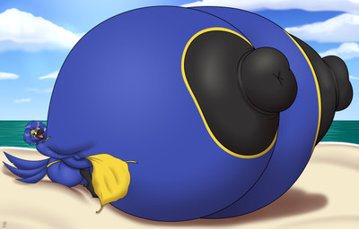 anthro areola beach beak big_breasts bikini biped black_areola black_beak black_nipples blue_body blue_feathers breasts clothing feathers female holding_breast huge_breasts hyper hyper_breasts looking_at_viewer nipples non-mammal_breasts non-mammal_nipples outside seaside solo swimwear torn_clothing two-piece_swimsuit year yellow_bikini yellow_clothing yellow_swimwear badgerben patrica_(hyacinth) avian bird hyacinth_macaw macaw neotropical_parrot parrot true_parrot 2022 absurd_res hi_res
