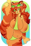 accessory anthro areola areola_slip belly big_breasts bikini breasts cheek_tuft chest_tuft clothing countershading eyewear eyewear_on_head facial_tuft female flower flower_in_hair fur glasses glasses_on_head green_eyes hair hair_accessory long_hair looking_at_viewer navel one_leg_up overweight overweight_anthro overweight_female plant raised_leg solo stretch_marks striped_body striped_fur stripes swimwear thick_thighs tuft two-piece_swimsuit arcadebunni nami_(arcadebunni) felid mammal pantherine tiger 2025 hi_res
