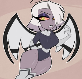 armwear back_wings bare_thighs breasts clothed clothing elbow_gloves eyeshadow feathered_wings feathers female gloves grey_body grey_skin hair hair_over_eye halo handwear legs_together legwear makeup pink_sclera short_hair simple_background small_waist solo spread_wings thick_thighs thigh_highs white_hair wide_hips wings yellow_eyes nelljoestar hazbin_hotel hellaverse vaggie_(hazbin_hotel) angel angel_humanoid humanoid winged_humanoid 2025 hi_res