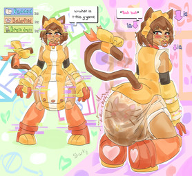 accessory anthro armor blush blush_lines bodily_fluids boots bow_ribbon brown_hair brown_tail clothed clothing collar dialogue diaper drooling feces female footwear furgonomics gameplay_mechanics gauntlets gloves hair handwear intelligence_loss looking_back object_in_mouth onesie onesie_open pacifier pacifier_in_mouth pooping red_eyes ribbons saliva shoes soiled_diaper soiling soiling_diaper solo sound_effects speech_bubble status_effect tail tail_accessory tail_bow tail_ribbon text unclean_diaper used_diaper using_diaper shar-ky gameoverse glitch_productions kit_bodega domestic_cat felid feline felis mammal 2026 absurd_res english_text hi_res