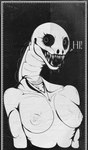 anthro black_eyes bodily_fluids breasts creepy fangs female nightmare_fuel nipples nude saliva saliva_string smile solo tasteful_nudity teeth text 0l-fox-l0 hybrid monster reptile scalie snake absurd_res black_and_white hi_res monochrome