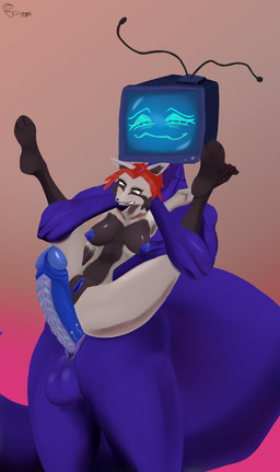 anthro balls big_tail blue_nipples blue_penis blue_vulva breasts countershading duo electronics erection female for_a_head full_nelson full_nelson_(legs_held) genitals hair humanoid_genitalia humanoid_vulva male male/female nipples penis purple_body red_hair reverse_countershading screen screen_face tail television tv_antenna unusual_anatomy unusual_genitalia unusual_penis vulva soda_sod humanoid object_head screen_head tv_head absurd_res hi_res