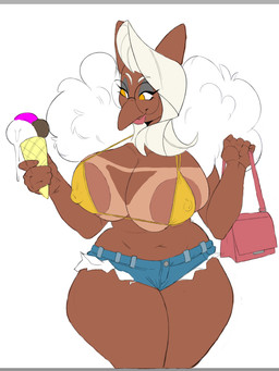amber_eyes anthro areola areola_slip big_areola big_breasts bikini bikini_top bottomwear breasts brown_areola brown_body brown_breasts brown_skin clothed clothed_anthro clothed_female clothing daisy_dukes denim denim_bottomwear denim_clothing denim_shorts dessert eyelashes eyewear female female_anthro food front_view fur glasses hair handbag hotpants huge_breasts humanoid_hands ice_cream lips monotone_background navel nipple_dip pink_areola pink_handbag pink_lips shorts simple_background smile solo suntan swimwear tan_line thick_thighs two-piece_swimsuit wearing_glasses white_background white_body white_fur white_hair wide_hips yellow_bikini yellow_clothing yellow_swimwear third-party_edit zeo_(artist) nintendo pokemon bonnie_(bonnie-lubie) generation_1_pokemon hypno_(pokemon) pokemon_(species)