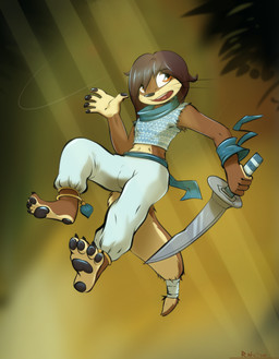 4_toes 5_fingers anklet anthro barefoot biped bottomwear brown_body brown_fur brown_hair clothed clothing feet fingers fully_clothed fur hair holding_melee_weapon holding_object holding_sword holding_weapon jewelry looking_aside male melee_weapon midriff open_mouth pants pose shirt simple_background solo sword tan_body tan_fur toes topwear torn_clothing weapon whiskers ratcha mammal mustelid otter 2016 digital_media_(artwork) hi_res signature