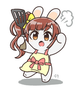 alternate_species anthro apron apron_only bangs black_eyebrows blush blush_lines brown_eyes clothing eyebrows fangs featureless_feet feet female female_anthro fist fur furrification hair holding_object holding_spatula holding_tool lidded_eyes light long_ears long_hair mitten_hands multicolored_body no_pupils noseless number on_one_leg open_mouth pink_tongue ponytail rabbidification raised_arms red_hair side_ponytail simple_background smoke solo spatula standing straight_arms tan_blush tan_body tan_eyelids tan_inner_ear tan_skin teeth thin_eyebrows tongue tools two_tone_body white_background white_body white_fur yellow_apron yellow_clothing yellow_hair_bow charisuke cygames idolmaster idolmaster_cinderella_girls raving_rabbids rayman_(series) ubisoft kyoko_igarashi lagomorph mammal rabbid 2024 absurd_res colored crossover digital_drawing_(artwork) digital_media_(artwork) full-length_portrait hi_res japanese_description lighting portrait shaded simple_shading