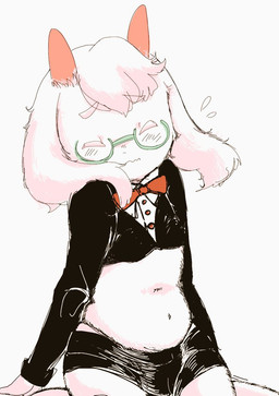 anthro belly bottomwear bow_tie clothed clothing crop_top eyewear floppy_ears fur glasses hotpants male navel shirt shorts skimpy slightly_chubby solo topwear white_body white_fur young gamenoreport0 deltarune undertale_(series) ralsei bovid caprine goat mammal