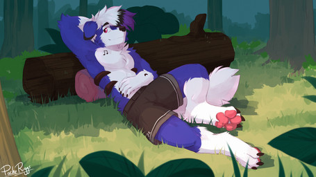 anthro black_hair black_nose blue_body blue_fur bottomwear brown_bottomwear brown_clothing brown_pants closed_smile clothed clothing forest fur glistening glistening_eyes grass hair hair_over_eye leaf log looking_aside male mouth_closed multicolored_hair one_eye_obstructed outside pants pawpads plant purple_hair reclining red_eyes red_pawpads shrub smile solo three-quarter_view topless tree white_body white_fur white_hair wood pache_riggs nintendo pokemon werewolf_(darwin_skyborne) canid canine generation_7_pokemon lycanroc mammal midnight_lycanroc pokemon_(species) 16:9 4k absurd_res full-length_portrait hi_res portrait signature widescreen