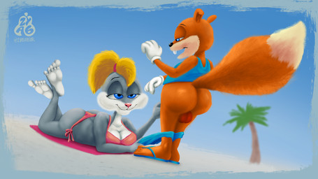 5_toes anthro assisted_exposure balls beach big_butt bikini bottomwear bottomwear_down breasts butt clothing duo feet female footwear genitals male male/male palm_tree plant sandals shoes smile swimwear tail toes tree two-piece_swimsuit zyasixpear conker's_bad_fur_day rareware berri conker mammal rodent sciurid tree_squirrel absurd_res hi_res